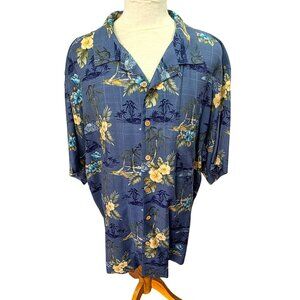 Jamica Jaxx 90s 100% Silk Hawaiian Shirt Mens 2XL Blue Island Print Coconut Btns